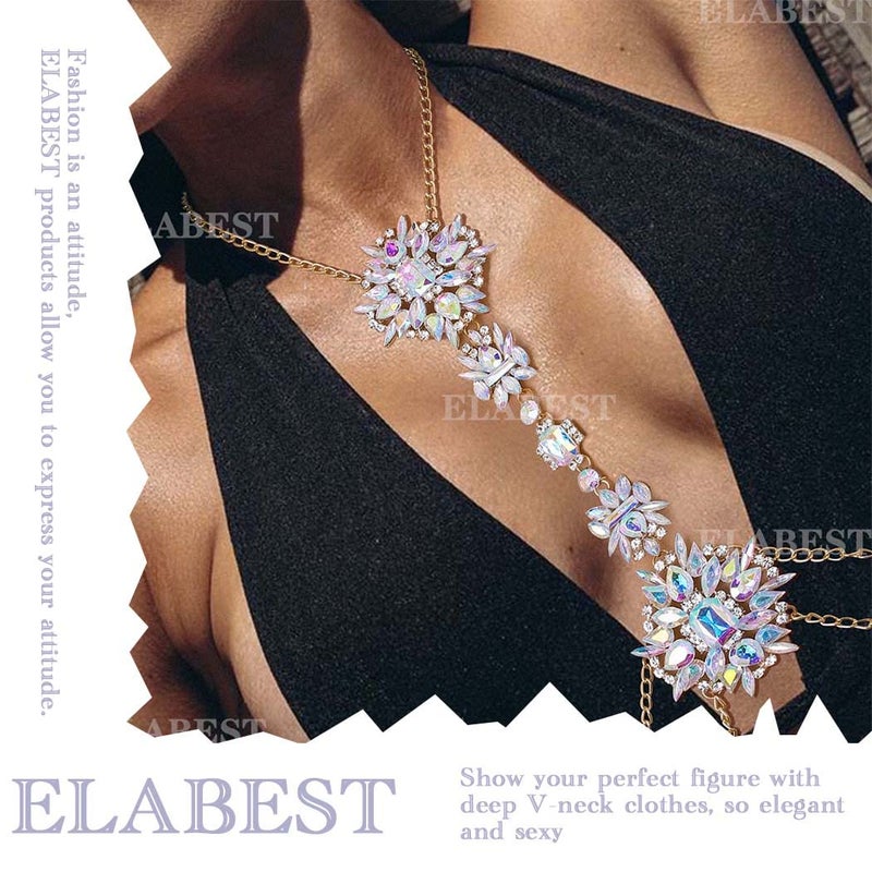 ELABEST Boho Rhinestone Statement Chest Chain Crystal Necklace Body Chain Summer Beach Body Jewelry Accessories for Women (AB Colorful) - Image 2